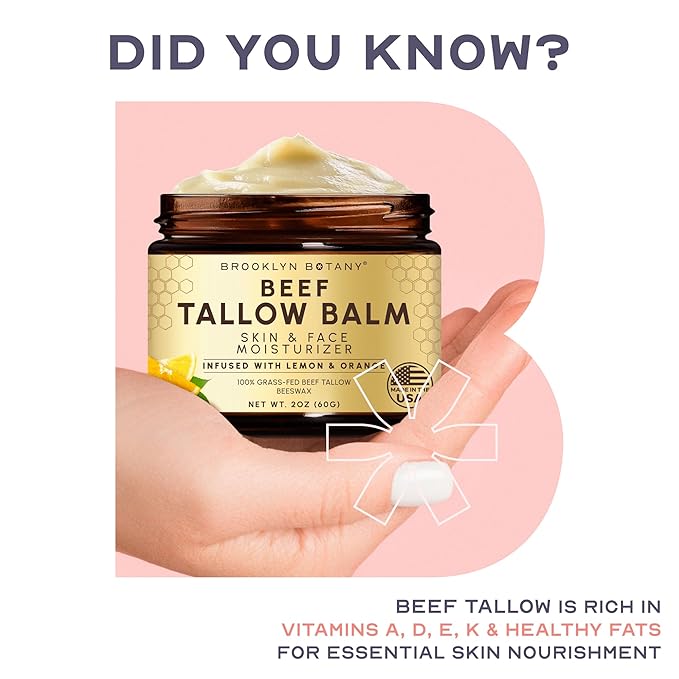 Brooklyn Botany Beef Tallow Balm – Grass Fed Beef Tallow for Skin and Face – Nourishing Face Moisturizer Infused with Citrus Oils – Orange Oil and Lemon Oil – 2 oz