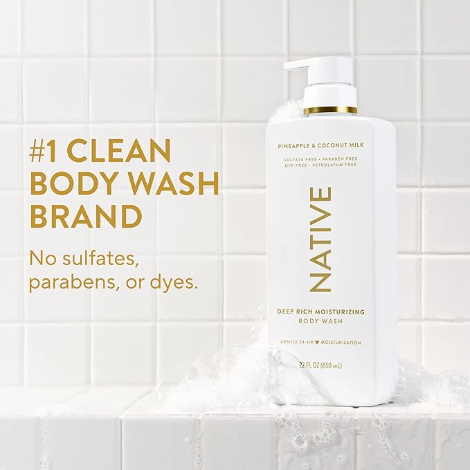 Native Moisturizing Body Wash, Pineapple & Coconut Milk, 24-Hour Hydration for Dry & Sensitive Skin, Made with Real Shea Butter, Sulfate & Paraben Free, 22 oz