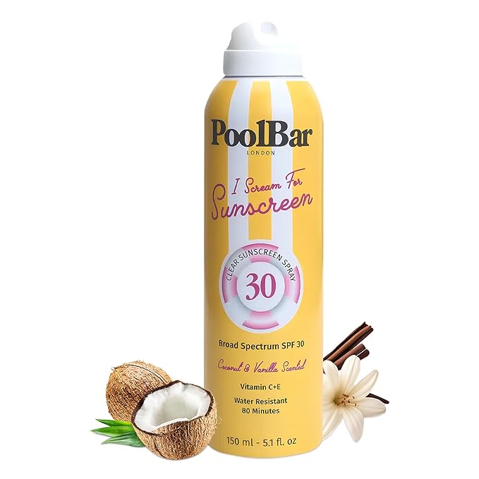 PoolBar SPF 30 Clear Sunscreen Spray – Broad Spectrum UVA/UVB Sun Protection Spray, Lightweight Non-Greasy Formula with Vitamins C and E – Reef Safe, Vegan, Cruelty-Free, Coconut Vanilla Scent