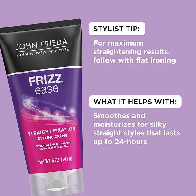 John Frieda Frizz Ease Straight Fixation Styling Crème, Straightens Frizzy Hair with Milk Protein & Almond Oil, Sleek & Frizz-Free, with ThermaGuard Heat Protection Against Damage, 5 Oz