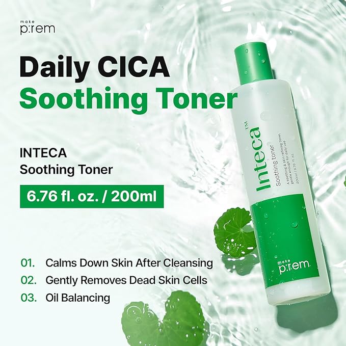 Make P:REM INTECA Soothing Toner, Acne-Prone Facial Toner for Sensitive Skin, Quick-Calming Vegan Toner with CICA Complex, Korean Skin Care, 6.76 Fl Oz, 200ml