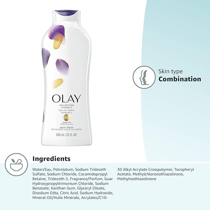 Olay Body Wash for Women,Age Defying with Vitamin E,24hr Moisturizing,Hydrating & Refreshing,B3 Vitamin Complex,Free of Parabens & Phthalates,for All Skin Types,Scented,22 fl oz,(Pack of 8)