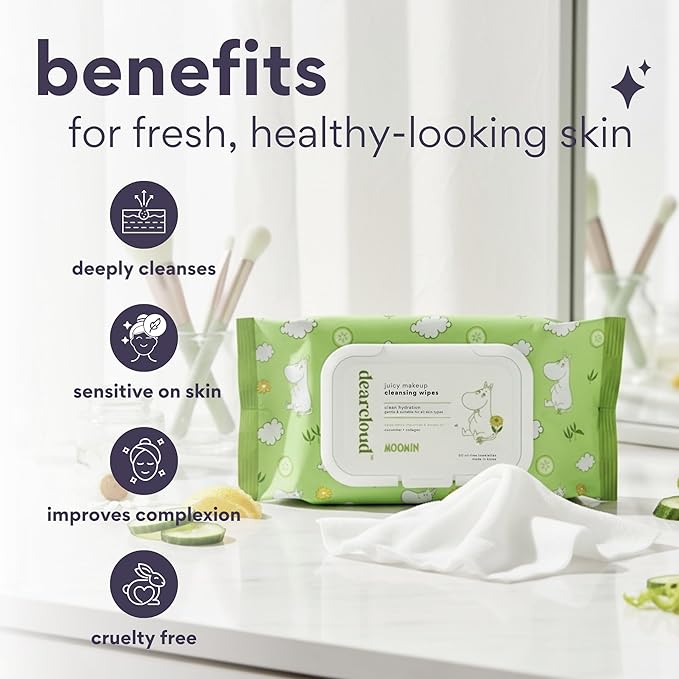 Moomin Juicy Makeup Cleansing Wipes - 60 count- Cucumber & Collagen Makeup Remover Towelettes (Renewing Cucumber)