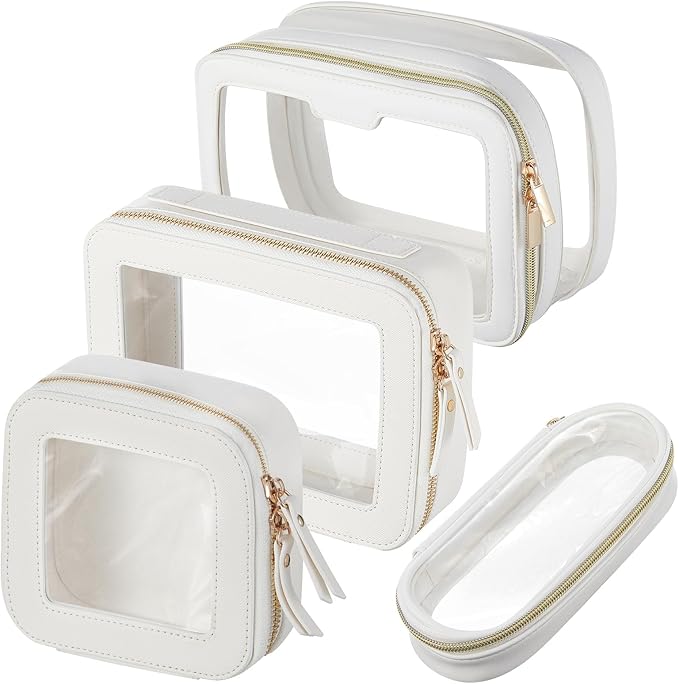 4 Pcs Leather Clear Makeup Bags Set for Women Travel Clear Cosmetic Case Toiletry Bags with Zipper Makeup Brush Case Waterproof Organizer Storage for Women Men Travel Accessories, 4 Sizes(White)