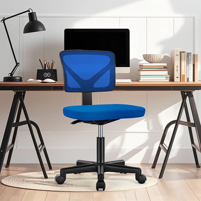 NEWBULIG Home Office Desk Chair, Armless Ergonomic Swivel Computer Chair with Wheels, Adjustable Height and Low-Back Mesh Design, Rolling Chair with Lumbar Support and Comfortable Seat, Blue