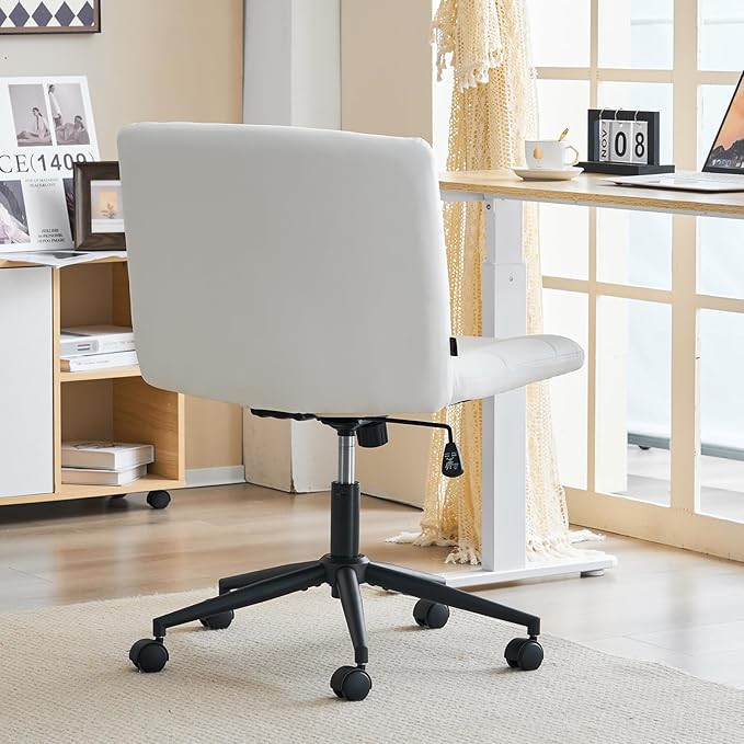 Furnimart Swivel Criss Cross Legged Chair with Wheels for Home Office, Wide Armless Desk Chair Height Adjustable Comfy Seat for Desk,Vanity, Bedroom, PU Ivory White