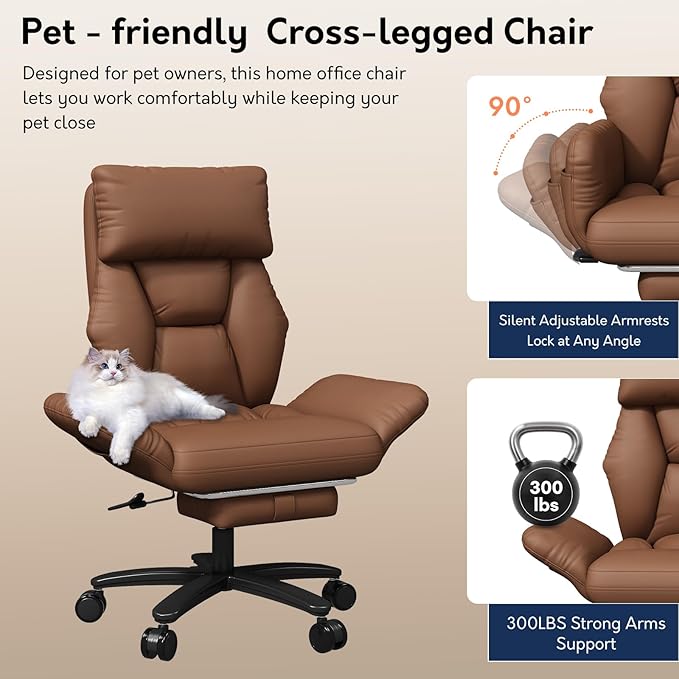 Cross Legged Office Chair with Pets Friendly Arms, Plus Size Criss Cross Desk Chair, Big and Tall Office Chair with Foot Rest, Reversible Armrests & Wide Seat, Brown