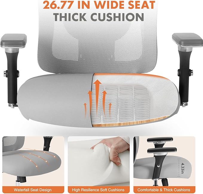 Sweetcrispy Big and Tall Office Desk Chair with Lumbar Support, 500lbs Heavy Duty Mesh Ergonomic Computer Chair with 4D Armrest and Wide Comfy Seat, Wheels for Adult, Grey