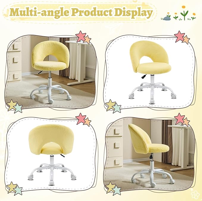 VINGLI Small Vanity Chair with Faux Fur Wheels for Girls,Cute Adjustable Height Armless Office Desk Chair,360°Swivel Comfy Rolling for Study,Make up Room,Small Space,Yellow
