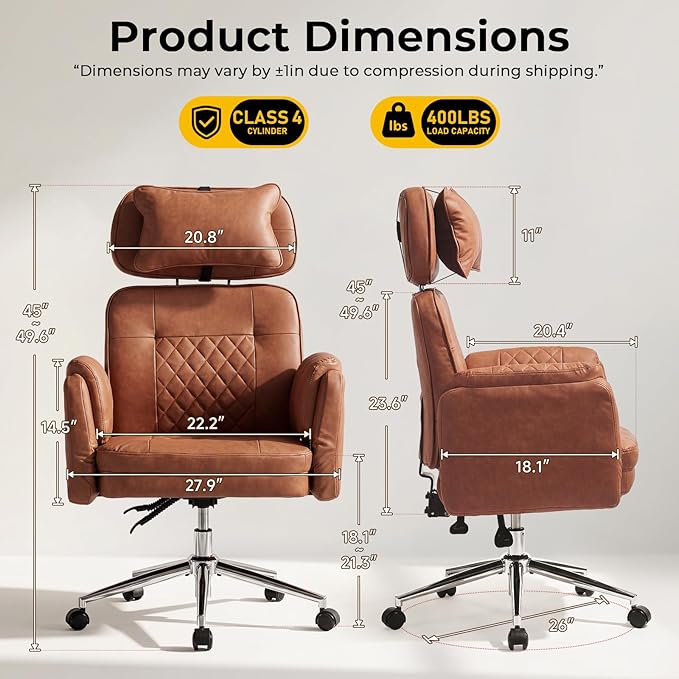 Big and Tall Office Chair - Criss Cross Leather High Back Executive Office Chair with Armrests & Wheels, Ergonomic Computer Gaming Desk Chair for Home, Makeup Vanity & Bedroom, Brown, 49.6”H×22”W