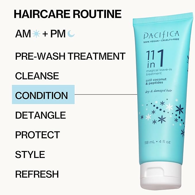 Pacifica Leave In Conditioner - 11 in 1 Magical Hair Treatment - Strengthen & Repair Damaged Hair - Deep Conditioning for Dry Hair Adds Shine & Anti-Frizz for Straight, Wavy & Curly Hair Care, Vegan