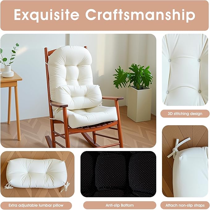 Rocking Chair Cushion Indoor Large Chair Pads Set with Ties Extra Lumbar Pillow Premium Dutch Velvet High Resilience Filler Non-Slip Bottom, Beige