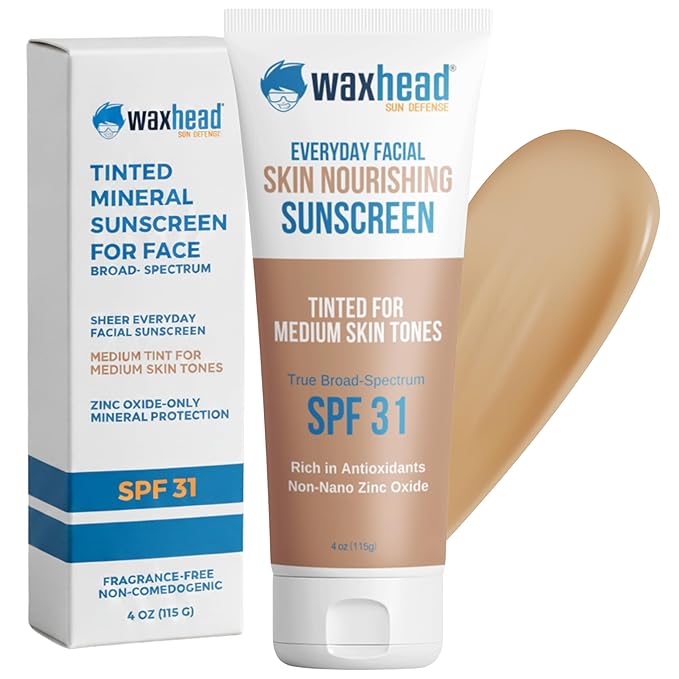 Waxhead Tinted Sunscreen for Face SPF 31, Mineral Formula with 25% Non-Nano Zinc Oxide, Unscented, Non-Comedogenic Sheer Glow BB Cream Moisturizer & Makeup Primer (Medium Tint 4 oz)