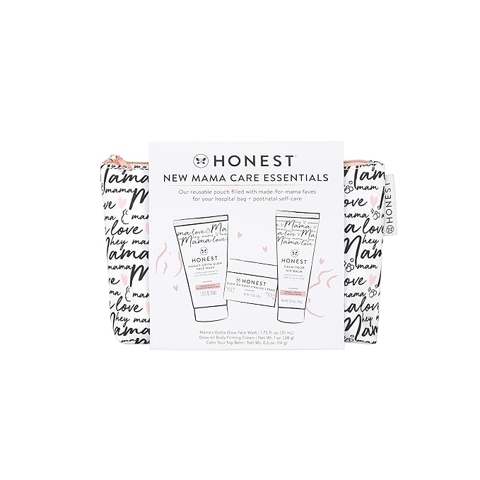 The Honest Company New Mama Care Essentials Gift Set, Hospital Bag Must Haves, Travel Size Nip Balm (0.5 oz) Glow On Body Cream (1 Gotta Face Wash (1.75 fl) with Reusable Pouch