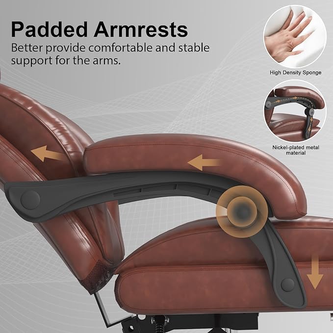 Big and Tall Office Chair, Executive Home Office Desk Chair, Leather Computer Chair with Retractable Footrest, Adjustable Headrest and Reclining Height, Padded Arms, 360°Swivel Free, Wide Seat, Brown