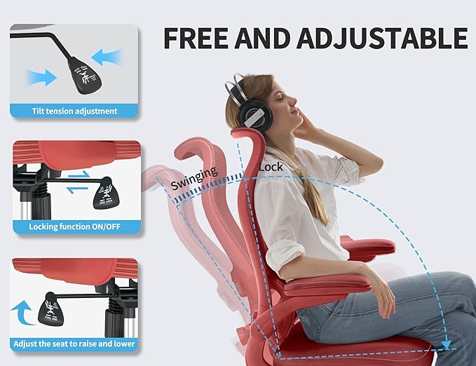 TRALT Ergonomic Office Chair - Desk Chair with Wave High Back Adjustable Lumbar Support Computer Chair - Gaming Chairs Mesh Backrest and PU Leather Seat (RED)