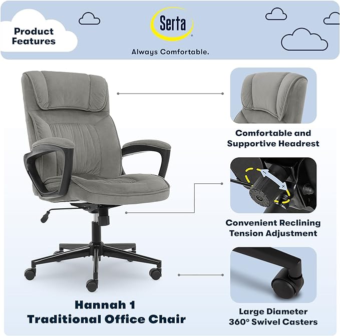 Serta Hannah Executive Home Office Desk Chair, Ergonomic Mid-Back with Lumbar Support, Firm Seat Cushion, Layered Body Pillows, Padded Armrests, Swivel Base, Easy Assembly, Microfiber, Black/Grey