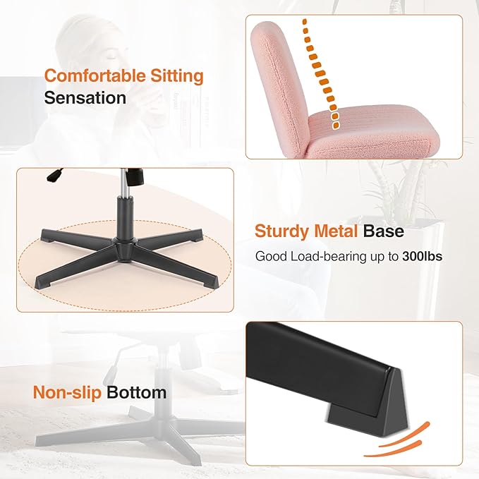 Sweetcrispy Criss Cross Chair Legged, Armless Office Swivel Desk Chair No Wheels, Vanity Height Adjustable Wide Seat Comfy Cute Computer Task Seating for Home Bedroom