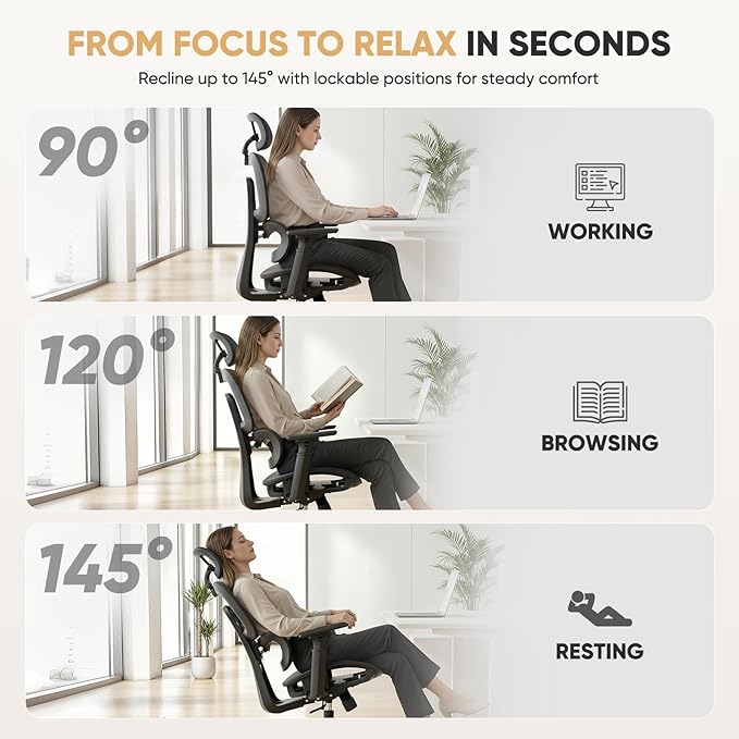 Magshion Ergonomic Office Chair, High Back Desk Chair with Adjustable Headrest, 3D Armrests, Tilt Lock and Lumbar Support, Mesh Computer Chair for Home Office, 350 LBS Capacity, Black