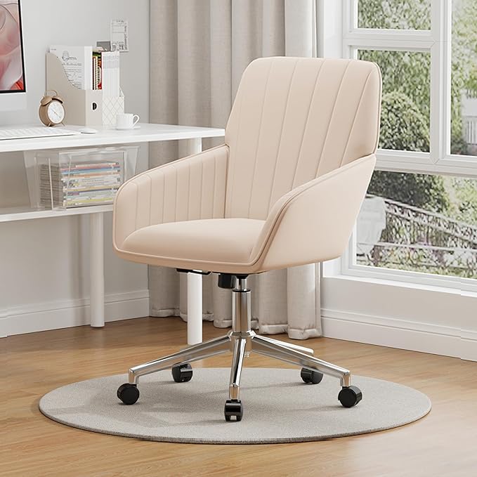 YISHENG Velvet Office Desk Chair with Silver Base, with Wheels,Modern Height Adjustable 360 Degree Swivel Upholstered Vanity Chairs with Arms for Living Room Bedroom,Khaki