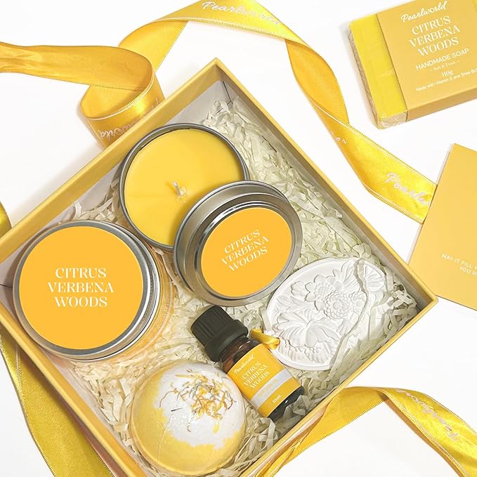 Valentine's Day Spa Gift Set for Women, Citrus Verbena Bath Set Self Care for Women, Nourishing 7 Piece Home Spa Set, Birthday Gift For Mom