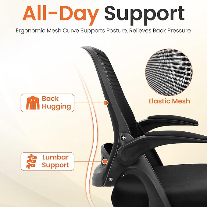 NEO Chair Office Chair Gaming Desk Computer Mesh Ergonomic Chair with Flip-up Arms Comfy Lumbar Support Adjustable Height Rolling Wheels Chair for Home Office (All Black)