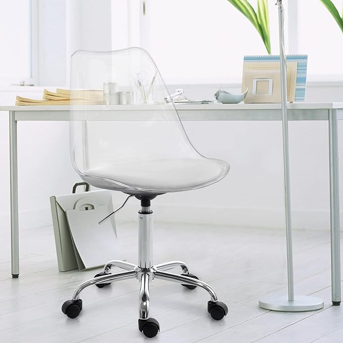 HOMEFUN Clear Desk Chair with Cushion, Armless Acrylic Rolling Chair Height Adjustable Ghost Swivel Molded Plastic and Wheels, Clear