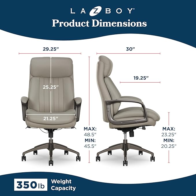 La-Z-Boy Nova Executive Office Chair - Ergonomic High Back Desk Chair with AIR Lumbar Support - Comfortable Computer Chair for Home Office - Vegan Leather - Gray