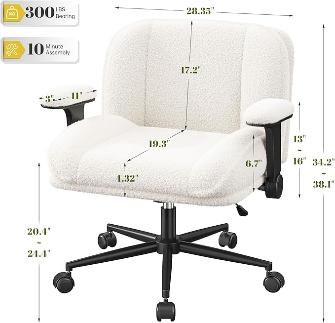 Cross Legged Office Chair with Flip-Up Arms,Oversized Criss Cross Chair with Wheels,Wide & Extra-Deep Seat Thickened for Home Office,Vanity, Bedroom,Apartment Dorms,Plush Cushion,Comfy,White