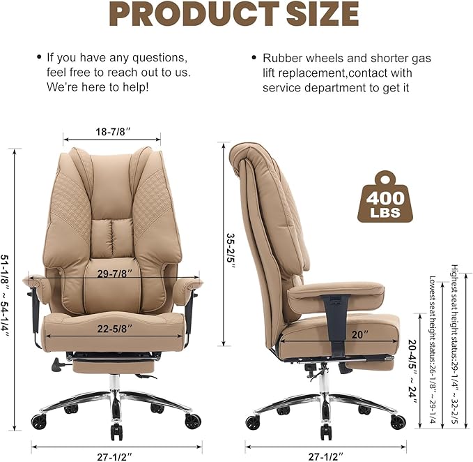 Big and Tall Office Chair 400lbs Wide Seat, Leather High Back Executive Office Chair with Foot Rest, Ergonomic Chairs Lumbar Support for Lower Back Pain Relief, All-Day Comfort (Brown)