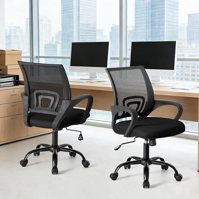 NEWBULIG Ergonomic Computer Desk Chair, Home Office Rolling Task Chair Mid-Back Swivel with Breathable Backrest and Lumbar Support, Mesh Office Chairs for Adults Home Gaming, Black 2 Pack