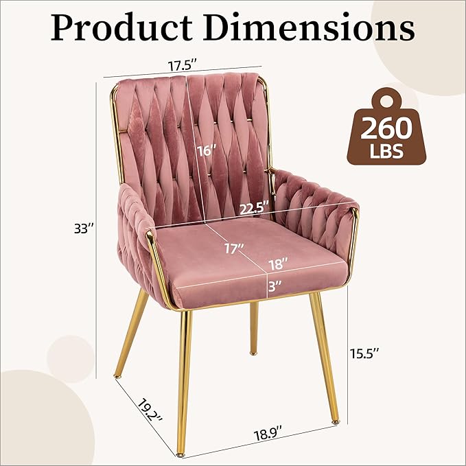 Westice Home Office Desk Chair, Upholstered Hand Weaving Desk Chairs with Golden Metal Legs & Armrest, Modern Accent Chairs for Living Room, Vanity Makeup Room, Rose Red