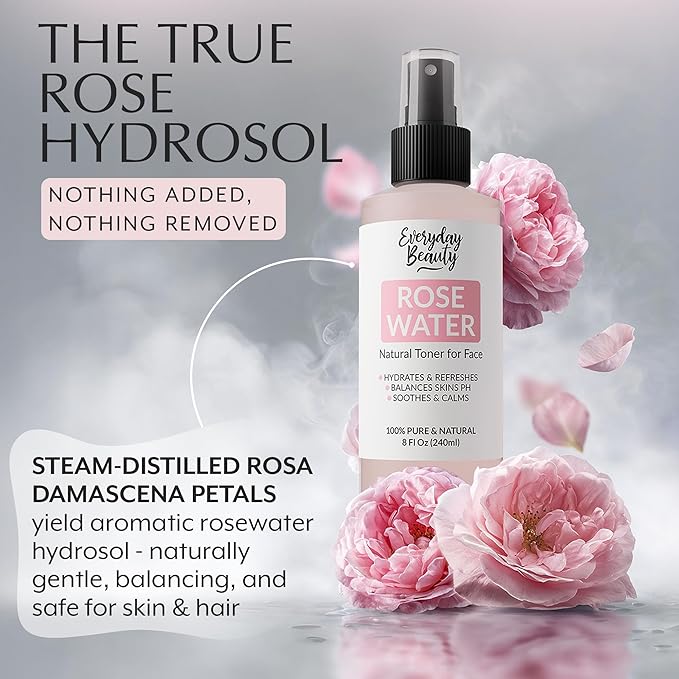 Everyday Beauty Rose Water Spray for Face - Natural Facial Toner - 8 Fl Oz Alcohol-Free Vegan Refreshing for Face and Hair - Uplifts, Calming & Soothing for All Skin Types