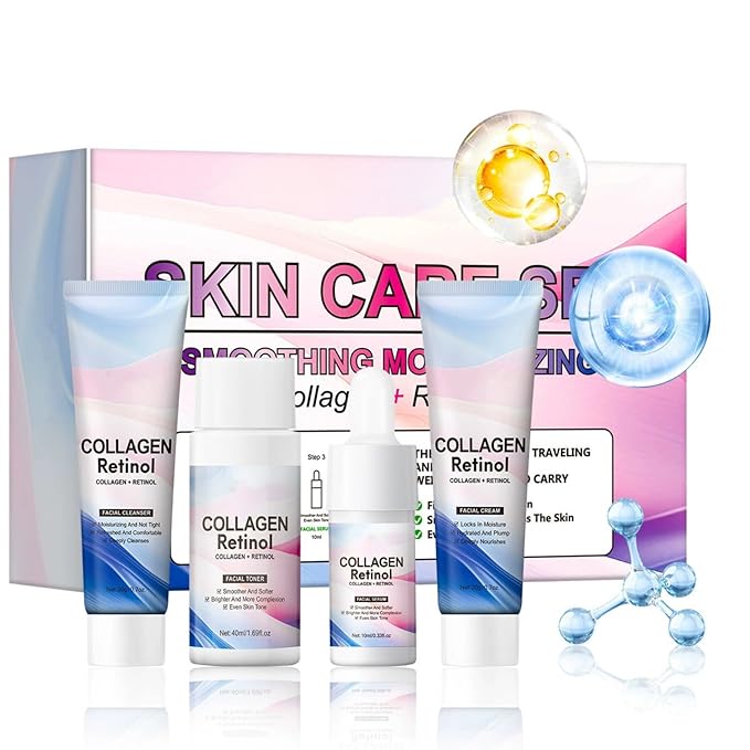 Collagen Retinol Skin Care Set, 4-Piece Anti-Aging Skincare Set Travel Kit with Cleanser, Toner, Serum, Cream for Wrinkles, Fine Lines & Pores, Lifting & Firming Hydrating Skin Gift Set for Women Men