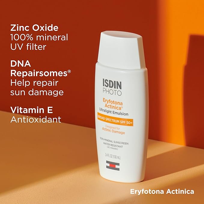 ISDIN Eryfotona Actinica Zinc Oxide sunscreen with 100% mineral UV filter Broad Spectrum SPF 50, No White Cast, Suitable for Sensitive Skin, 3.4 Fl Oz