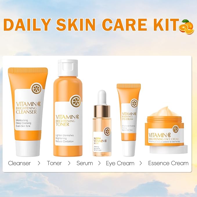 5PCS Vitamin C Skin Care Set for Teenage Girls Face Hydrating Skincare Gift Set for Women Travel Size Skin Care Kit with Cleanser, Toner, Face Serum, Eye Cream, Face Cream