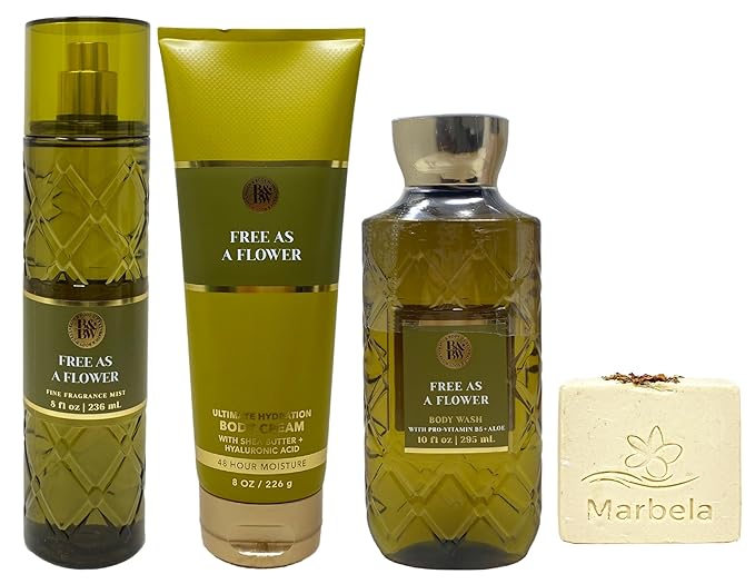 Bath & Body Works Free As A Flower Fine Fragrance Mist, Ultimate Hydration Body Cream and Body Wash with a Creamy Rose Bar Soap - Full Size