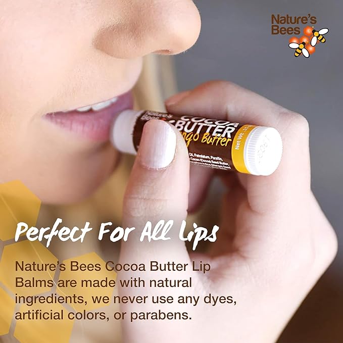 Nature's Bees Cocoa Butter Lip Balm, Lip Care for Dry Lips, Coconut Oil, Beeswax, Vitamin E, Aloe, & Shea Butter, 0.15 oz Each, 4 Flavors, Citrus, Coconut, Cherry, & Mint, 24 Pack - Packaging May Vary