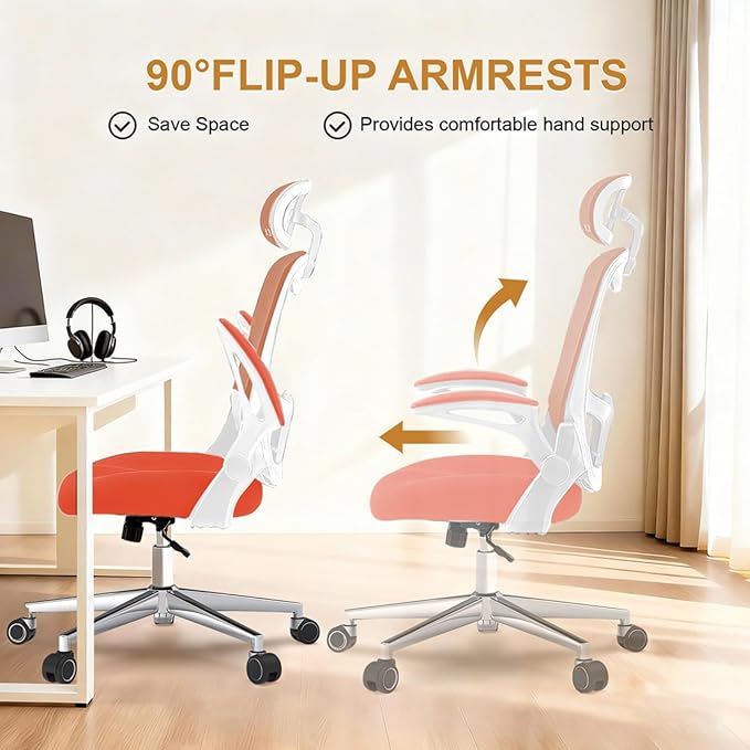 Office Chair, Ergonomic Breathable Mesh Chair,Flip-Up Arms and Adjustable High Back Lumbar Support,Comfy Computer Chair for Home Office (Orange, 407)