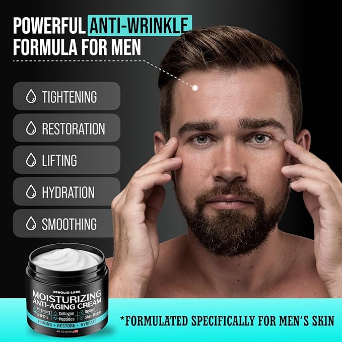 Mens Face Moisturizer Cream - Anti Aging & Wrinkle Face Cream - Mens Facial Moisturizer - Retinol, Collagen, Peptides, Vitamins E & A - Facial Skin Care - After Shave Lotion - Day & Night - 4 oz