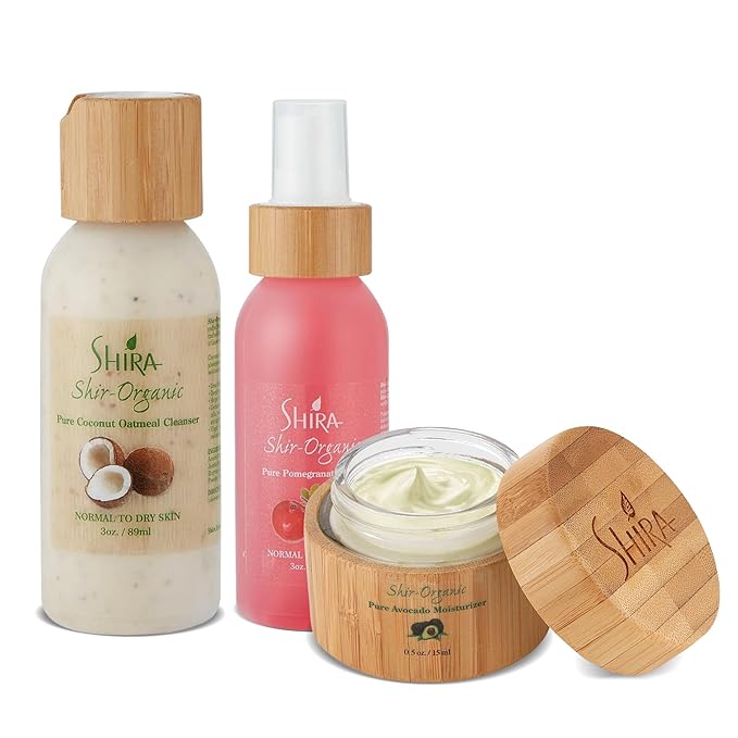 Shira Shir-Organic Trio for Normal to Dry Skin Care Kit for Healthy and Hydrated Skin with Coconut Oatmeal Cleanser Pomegranate Toner & Avocado Moisturizer.