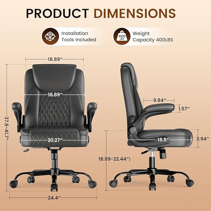 GTPLAYER Leather Office Chair, Home Desk Chair with Flip-up Arms and Ergonomic Back - Comfy Heavy Duty Executive Chair for Home Office Gaming, Gray