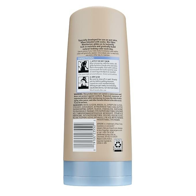Jergens Natural Glow In Shower Lotion, Self Tanner for Fair to Medium Skin Tone, Sunless Tanning Wet Skin Lotion for Gradual, Flawless Color, 7.5 Ounce (Packaging May Vary)