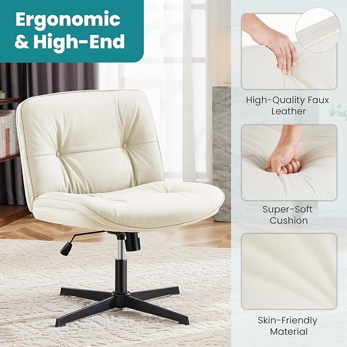 OLIXIS Criss Cross Chair Without Wheels, Cross Legged Office Chair, Armless Wide Vanity Desk Chair with Comfy PU Leather& Back - Swivel for Home Office Bedroom, Beige