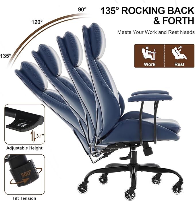 Office Chair, Leather Desk Chair with Rubber Wheels, Ergonomic Computer Chair 500 LBS with Lumbar Support, High Back Executive Chair for Modern Home Office, Blue