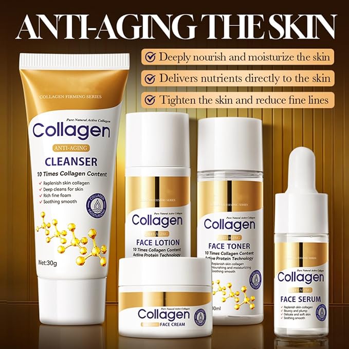 Collagen Skin Care Set, 5-Piece Anti-Aging Travel Kit with Cleanser, Toner, Lotion, Serum, Cream Gift Set for Women & Girls, Shrink Pores Tighten Lift Smooth Wrinkles, Moisturizing Skincare Gift Set