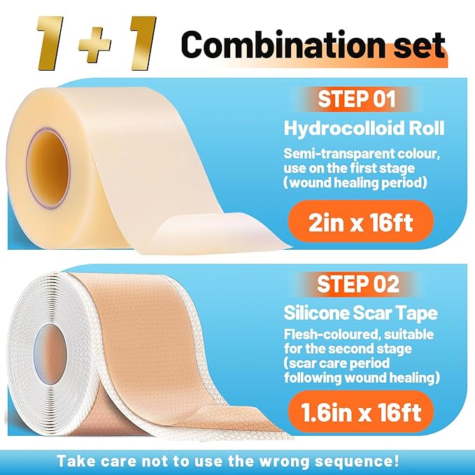 Arme Hydrocolloid Roll for Wound Care, Hydrocolloid Bandages(2in*16ft)&Scar Sheets(2in*16ft) First Aid Kit, Ultra Absorbent Medical Grade Hydrocolloid Tape with Self-Adhesive for Burn Acne Blister