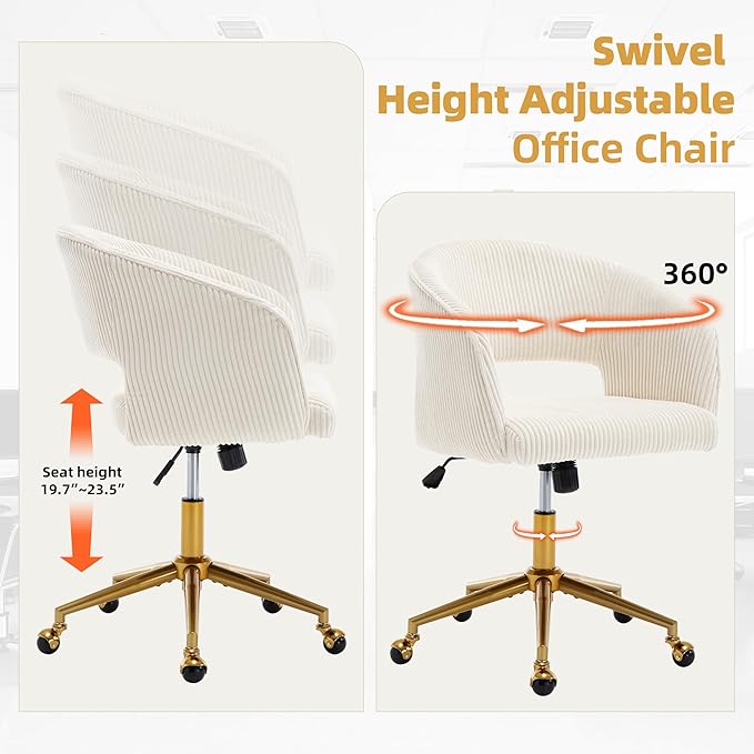 Westice Home Office Desk Chairs, Modern Corduroy Rolling Chair, Height Adjustable Swivel Vanity Chair with Golden Base, Ergonomic Chair for Vanity Study, Living Room Computer Room, Beige