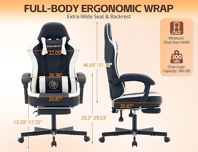 Office Chair Breathable Leather with Pocket Spring Cushion, Wide and High Ergonomic Office Chair with Headrest, Computer Gaming Chair with Footrest for Adult, Black and White