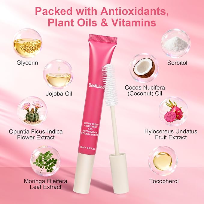 Hair Cactus Fruit 3-in-1 Styling Gels Cream & Taming Wand – Smooth Flyaways, Control Frizz & Define Curls | Lightweight Non-Greasy Formula, Precision Brush, Vegan & Citrus Scent Hair Care (Pack of 1)